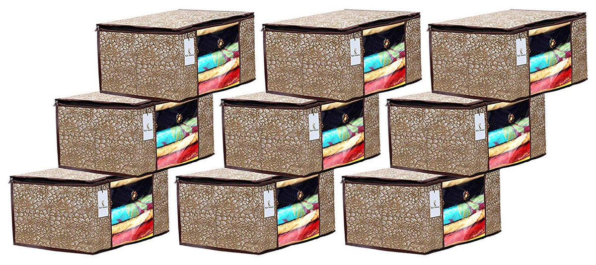 Kuber Industries Metalic Printed 9 Piece Non Woven Fabric Saree Cover Set with Transparent Window, Extra Large, Golden & Brown-CTKTC031938