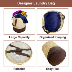 Homestic Canvas Waterproof Round Laundry Basket For clothes|Foldable Toy Storage Organizer|Reinforced Handle With Sturdy Base|BROWN|