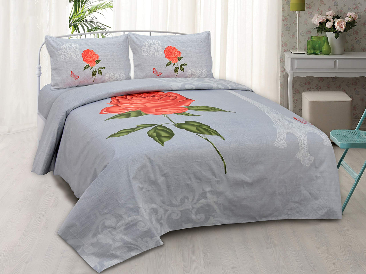 Kuber Industries Rose Design Twill Satin Weave 200 TC Double Bedsheet with 2 Pillow Covers, Size 100 inch by 90 inch (Grey) - CTKTC40027