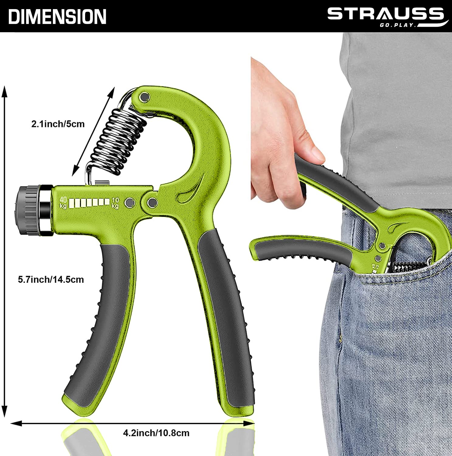 Strauss Adjustable Hand Grip| Adjustable Resistance (10KG - 40KG) | Hand/Power Gripper for Home & Gym Workouts | Perfect for Finger & Forearm Hand Exercises & Strength Building for Men & Women (Black/Green)
