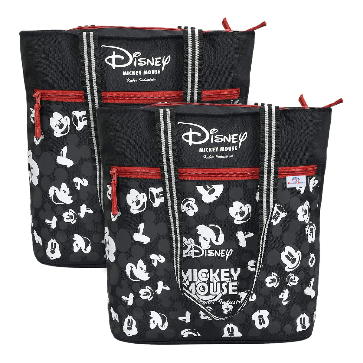 Heart Home Polyester Disney Mickey Mouse Print Attractive & Foldable Grocery|Shopping|Travel Hand Bag with Front Pocket & Handle, Pack of 2 (Black)