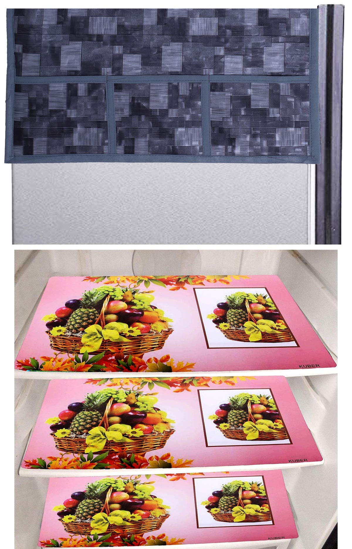 Kuber Industries Fruit Basket Design 3 Pieces PVC Fridge Mats and 3D Checkered Design 1 Piece Fridge Top Cover (Grey) - CTKTC39725, Standard