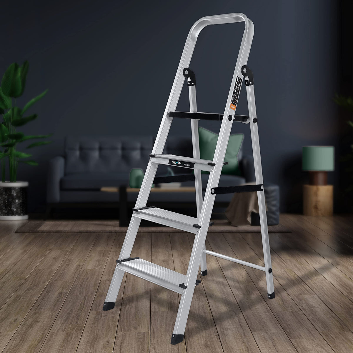 Plantex Big Foot 4 Steps Ladder for Home/Fully Aluminium Folding Ladder/Wide Anti-Skid Steps (Black-Silver)