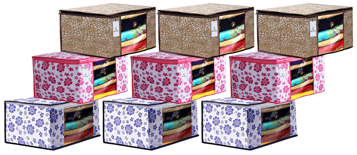 Kuber Industries Metalic & Flower Printed 9 Piece Non Woven Fabric Saree Cover Set with Transparent Window, Extra Large, Golden Brown & Pink & Blue -CTKTC40948