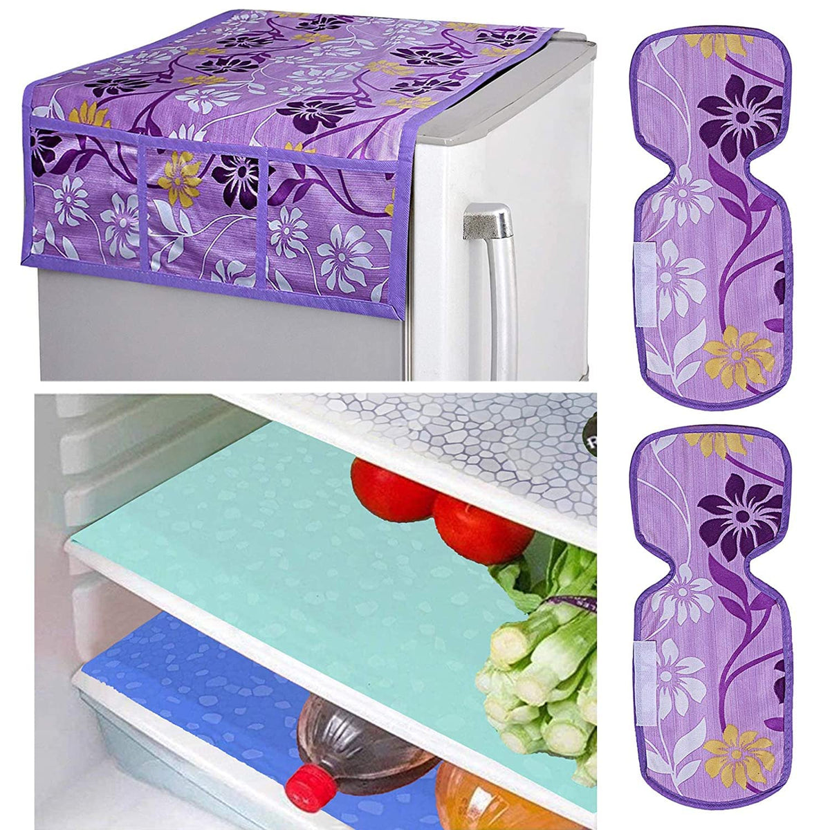 Kuber Industries Flower Design Combo PVC 3 Pieces Fridge Mats, 2 Piece Handle Cover and 1 Piece Fridge Top Cover(Purple)