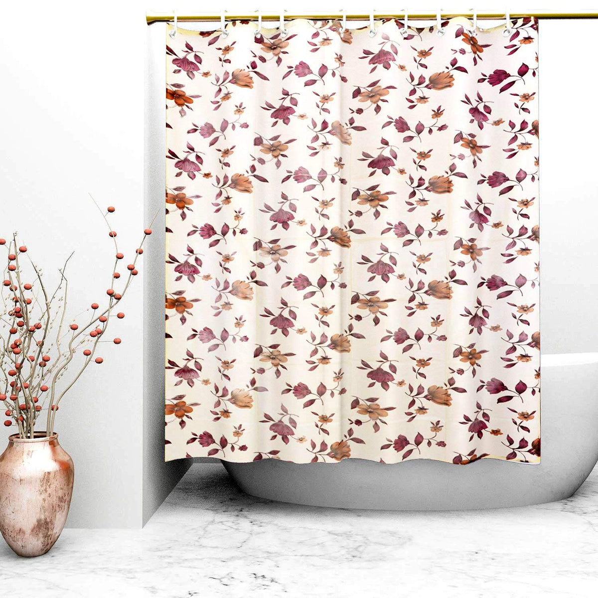 Kuber Industries PVC Floral Shower Curtain with 8 Hooks, Standard, Beige, Cream, 1 Pc (CTKTC08587)