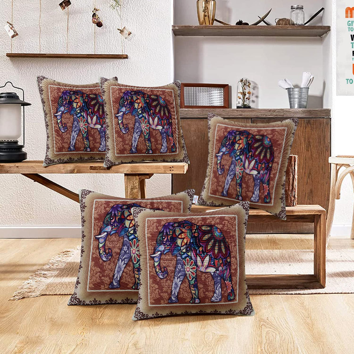 Heart Home Cushion Cover|Sofa Cushion Covers|Elephant Print Sitting Cushion Cover|Polyester Cushion Filler|16x16 Inch|Set of 5 (Multicolor)