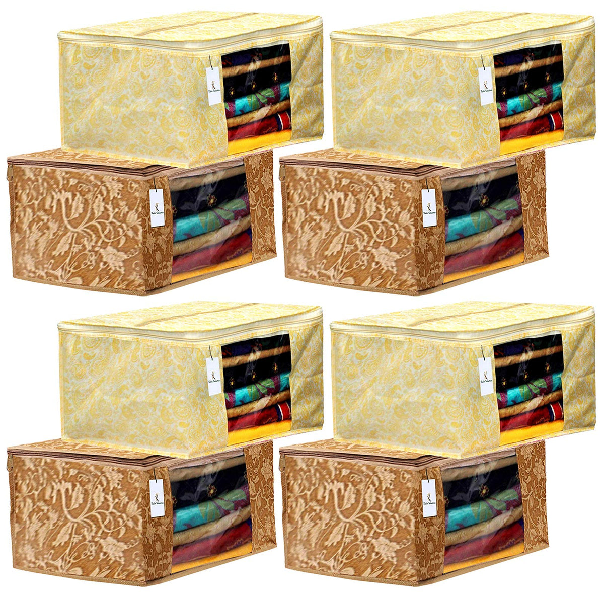 Kuber Industries Metalic Printed 8 Piece Non Woven Fabric Saree Cover Set with Transparent Window, Extra Large, Gold & Beige -CTKTC40923