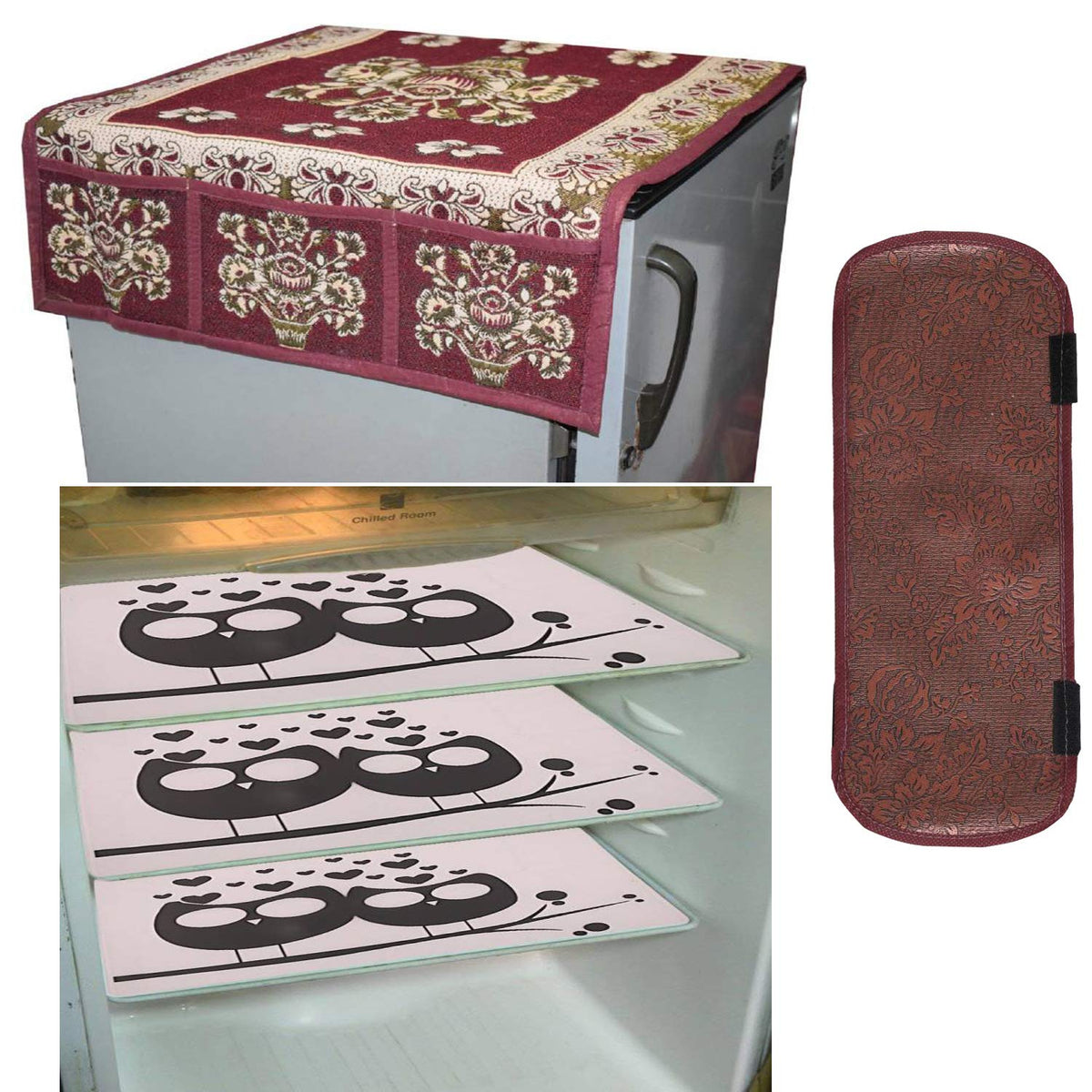 Kuber Industries Cloth 3 Pieces Fridge Mat, 1 Piece Handle Cover and 1 Pieces Fridge Top Cover (Multi)-CTKTC2796
