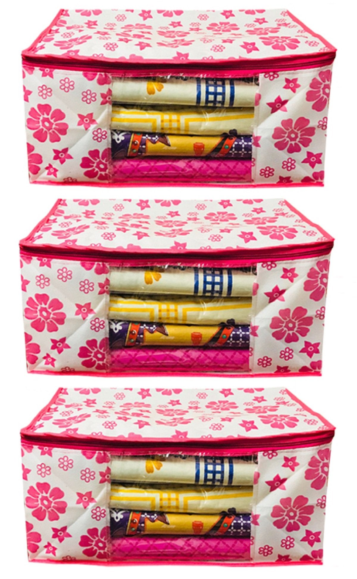 Kuber Industries 3 Piece Non Woven Saree Cover Set, Pink (SS22)