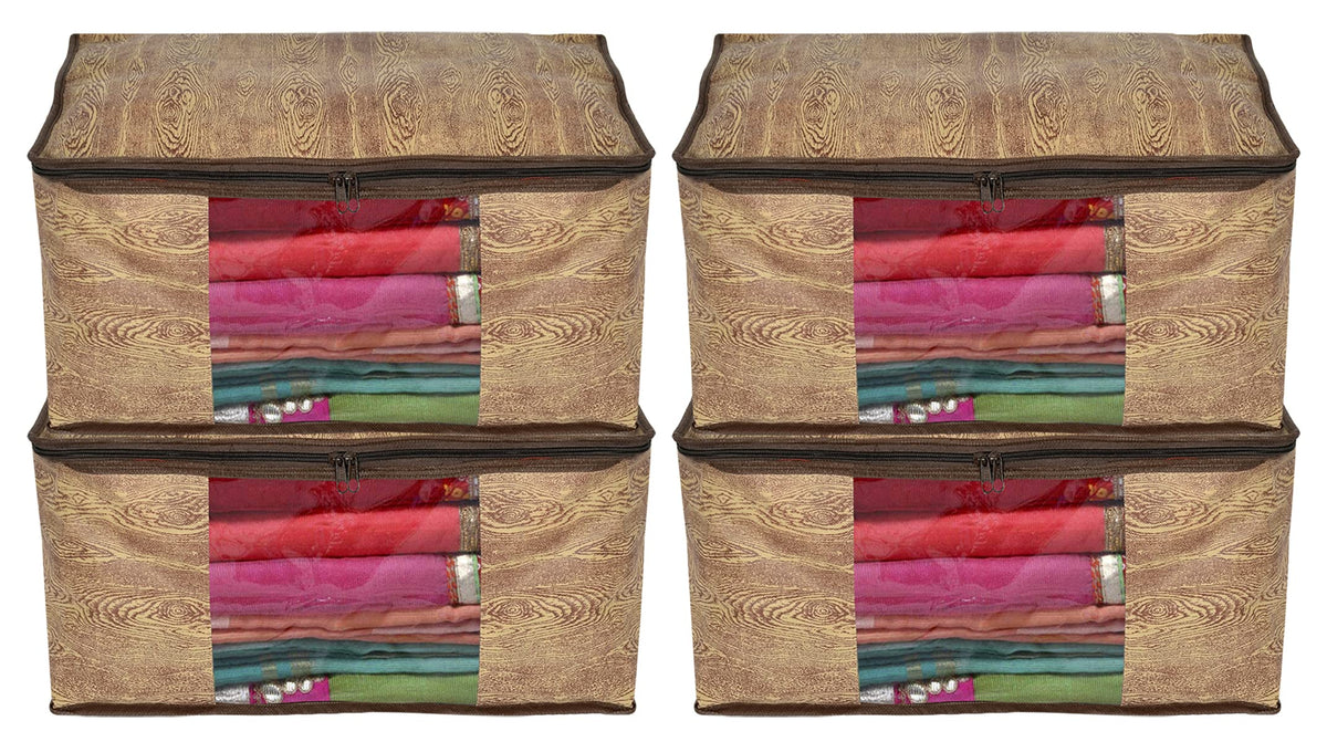 Kuber Industries Wooden Print 4 Piece Non Woven Fabric Saree Cover/Clothes Organiser For Wardrobe Set with Transparent Window, Extra Large (Brown)