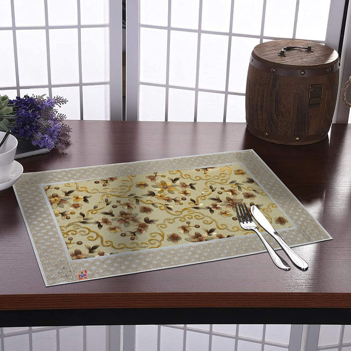 Kuber Industries Laminated Shining Flower Design PVC 6 Piece Dining Table Placemat Set (Gold) - CTKTC040618