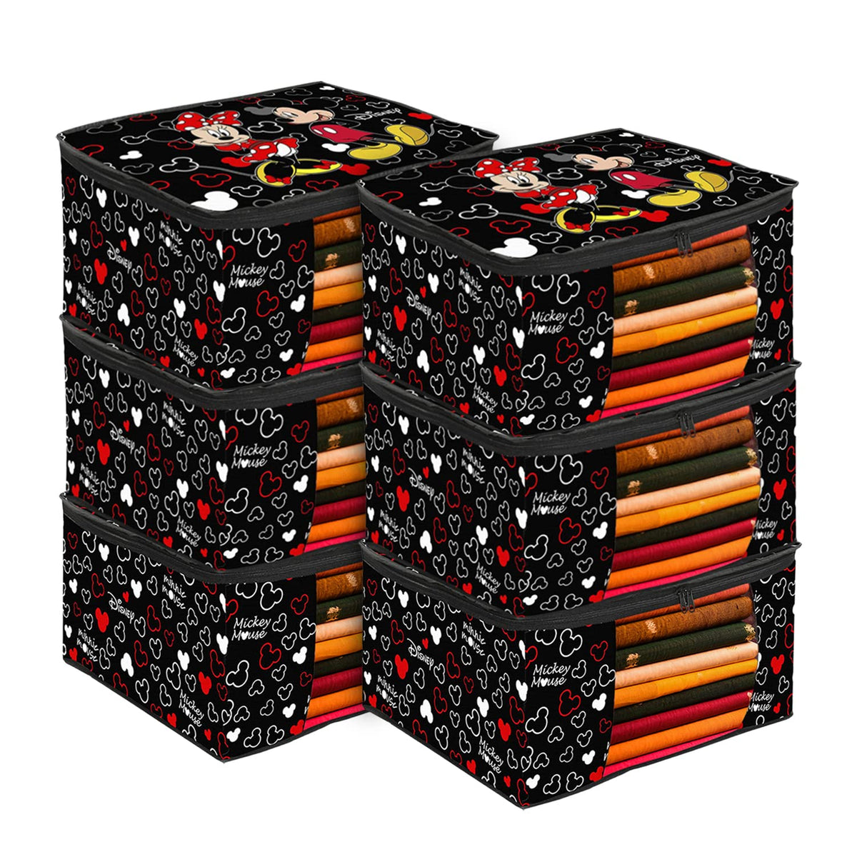 Kuber Industries Disney Mickey Saree Cover|Non-Woven Foldable Clothes Bag|Transparent Window Wardrobe Organizer|Extra Large|Pack of 6 (Black)