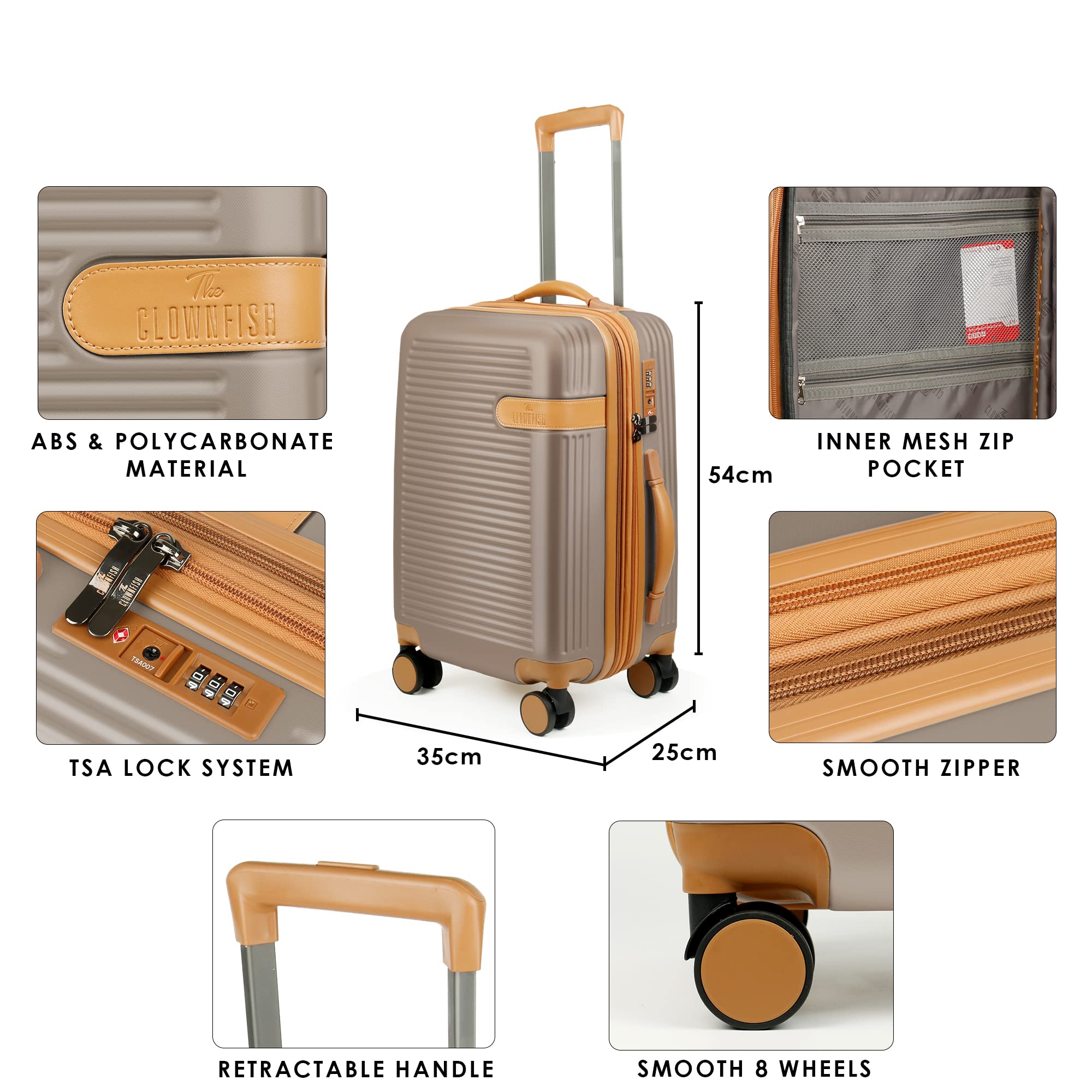 THE CLOWNFISH Kenzo Series Expandable Luggage ABS Polycarbonate Exterior  Hard Case Suitcase Eight Wheel Trolley Bag With TSA Lock- Champagne (Small, Expandable Small Suitcase