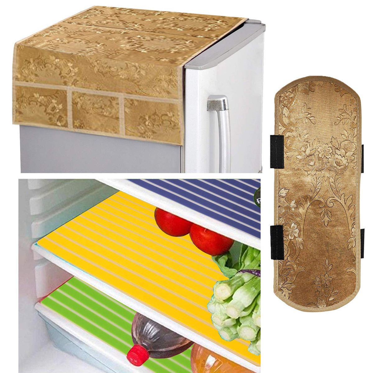 Kuber Industries PVC 3 Pieces Fridge Mats, 1 Piece Handle Cover and 1 Piece Fridge Top Cover (Gold)-CTKTC14553,Standard