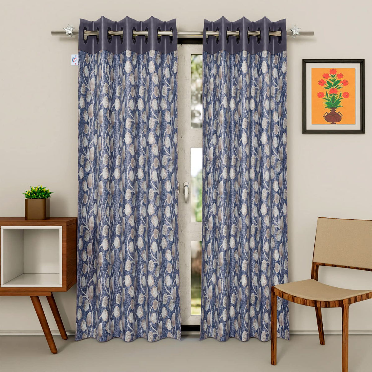 Heart Home Silk Decorative 7 Feet Door Curtain | Leaf Print Blackout Drapes Curtain with 8 Eyelet for Home & Office, Pack of 2 (Blue)