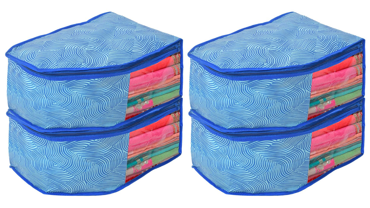 Kuber Industries Lahariya Printed Non-Woven Blouse Cover/Organizer With Front Window- Pack of 4 (Blue)-44KM0547