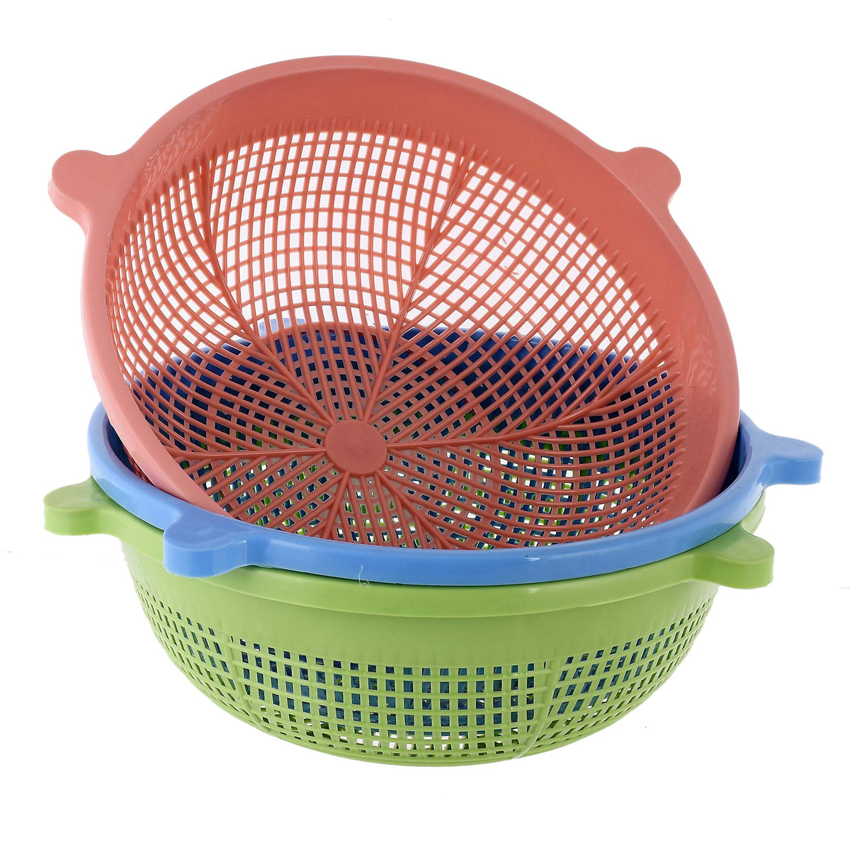 Kuber Industries Unbreakable Round Plastic Kitchen Vegetables and Fruits Basket Multipurpose Organizers Storage Basket (Peach & Green & Blue)-Pack of 3-KUBMART15188,Standard