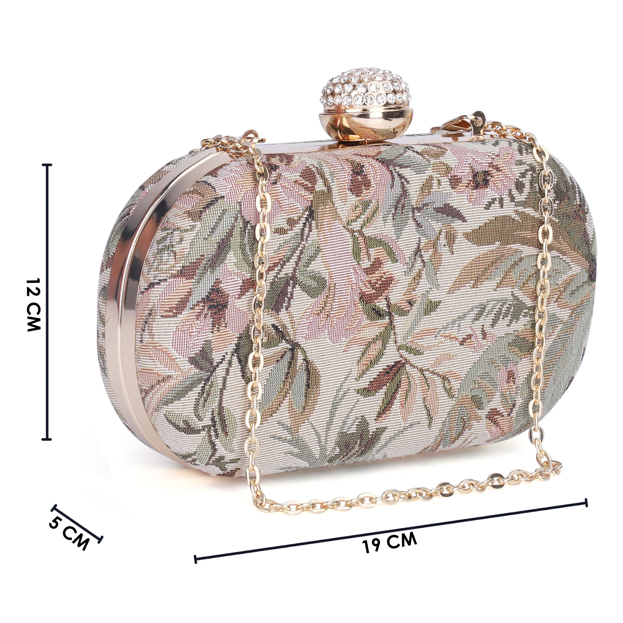The Clownfish Soniva Collection Tapestry Fabric Womens Party Clutch Ladies Wallet Evening Bag with Fashionable Round Corners (Beige)