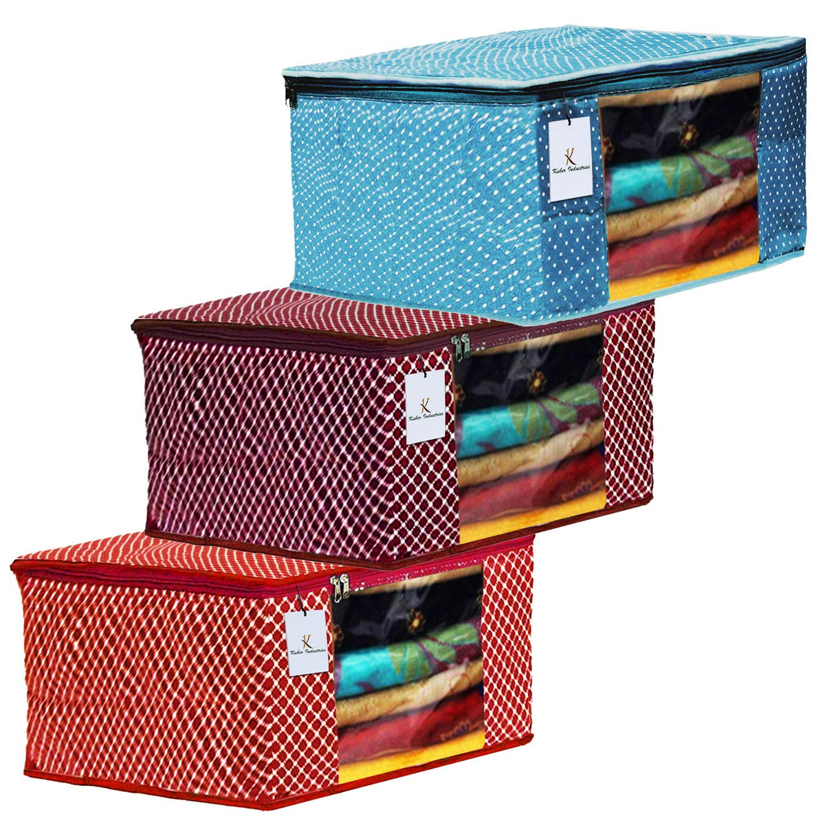 Kuber Industries Polka Dots 3 Pieces Cotton 3 Layered Quilted Saree Cover (Red & Maroon & Sky Blue) - CTKTC031189
