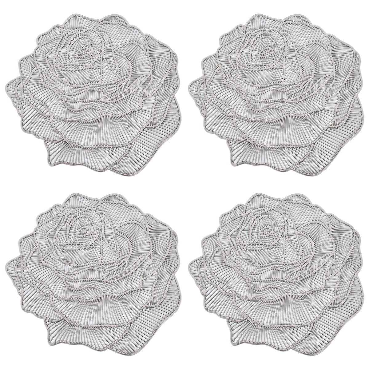 Heart Home Rose Design Soft Leather Table Mats, Dining Table Mats, Set of 4 (Silver)-50HH01297
