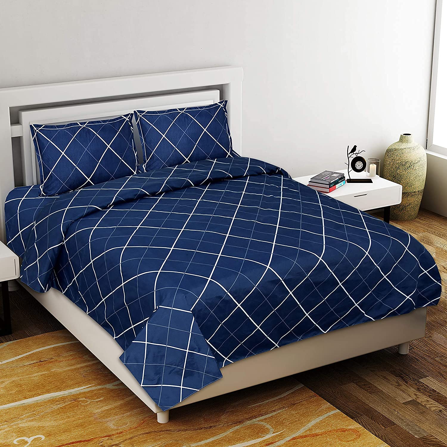 Kuber Industries 144 TC Glace Cotton Geometric Design Double Bedsheet with 2 Pillow Covers (Blue, Full King Size, Hs_37_Kubmart020129)