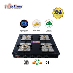 Surya Flame Nexa LPG Gas Stove | Glass Top With Stainless Steel Body | 2 Years Complete Door Step Warranty Including Glass - Black (4 Burner, 1)