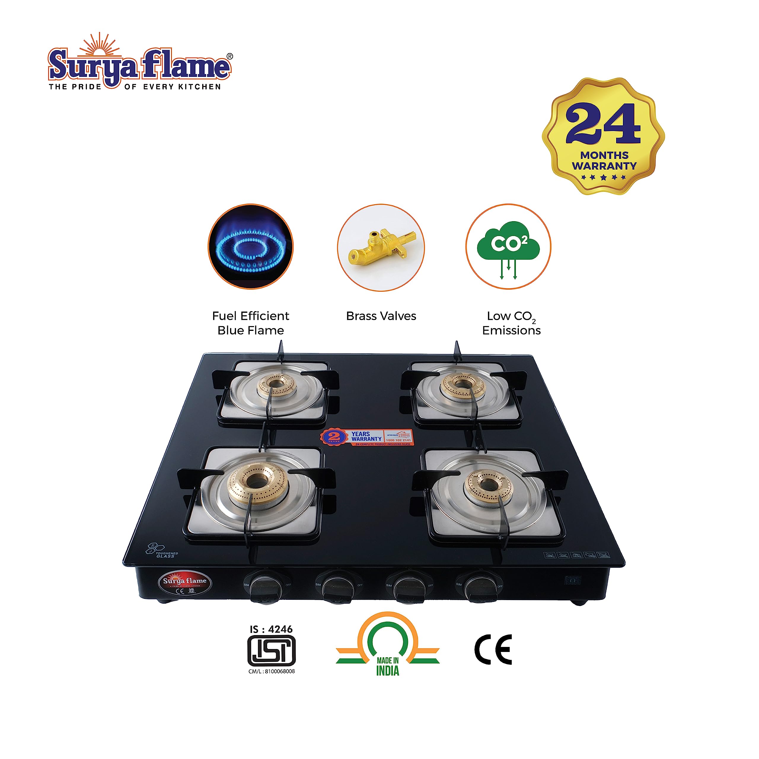 SuryaFlame Nexa LPG Gas Stove | Gas Stove 4 Burners | Glass Top With Stainless Steel Body | 2 Years Complete Door Step Warranty Including Glass - Black(Pack of 2)