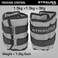 Strauss Adjustable Ankle/Wrist Weights 1.5 KG X 2 | Ideal for Walking, Running, Jogging, Cycling, Gym, Workout & Strength Training | Easy to Use on Ankle, Wrist, Leg, (Grey)