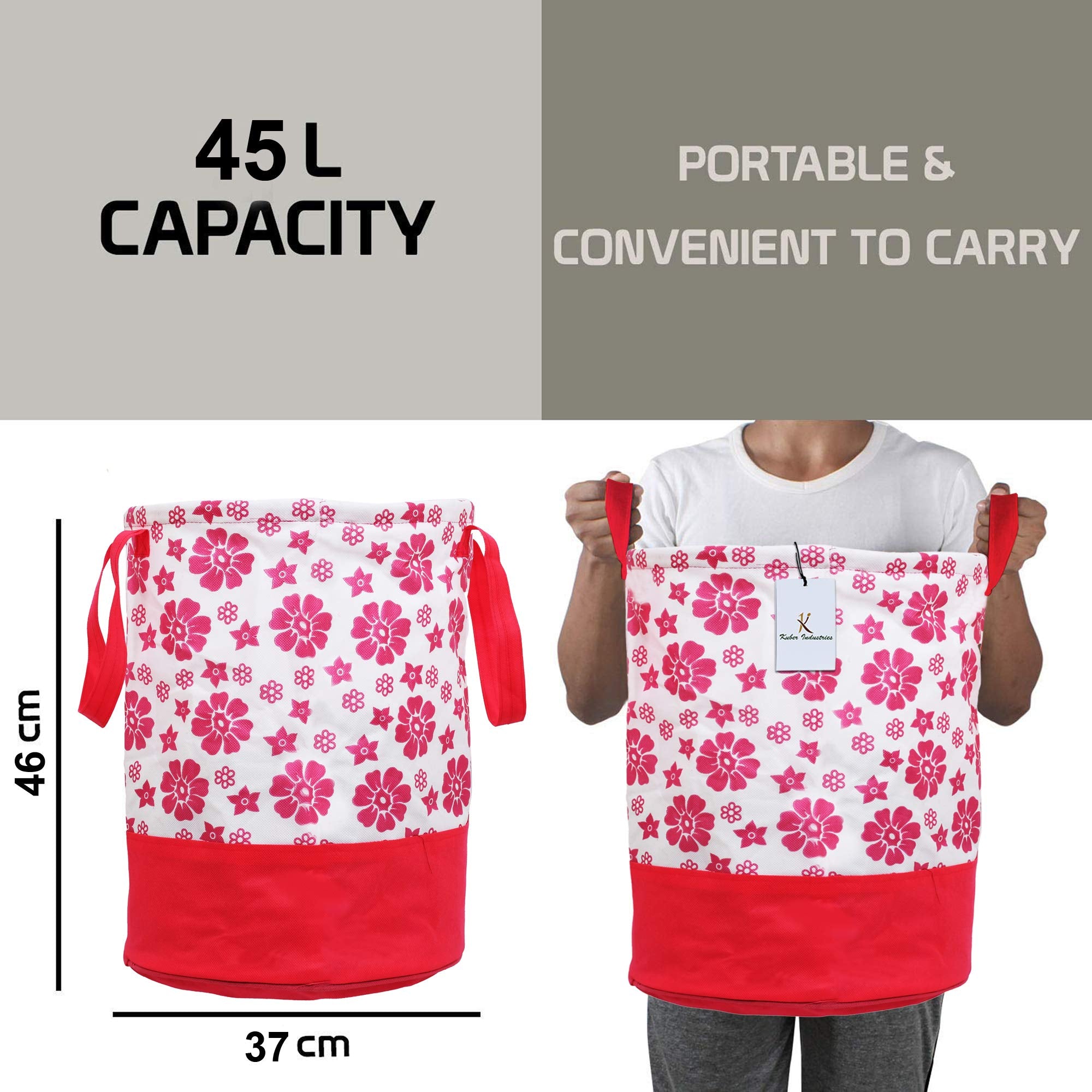 Kuber Industries Flower Printed Waterproof Canvas Laundry Bag|Toy Storage|Laundry Basket Organizer 45 L (Pink)