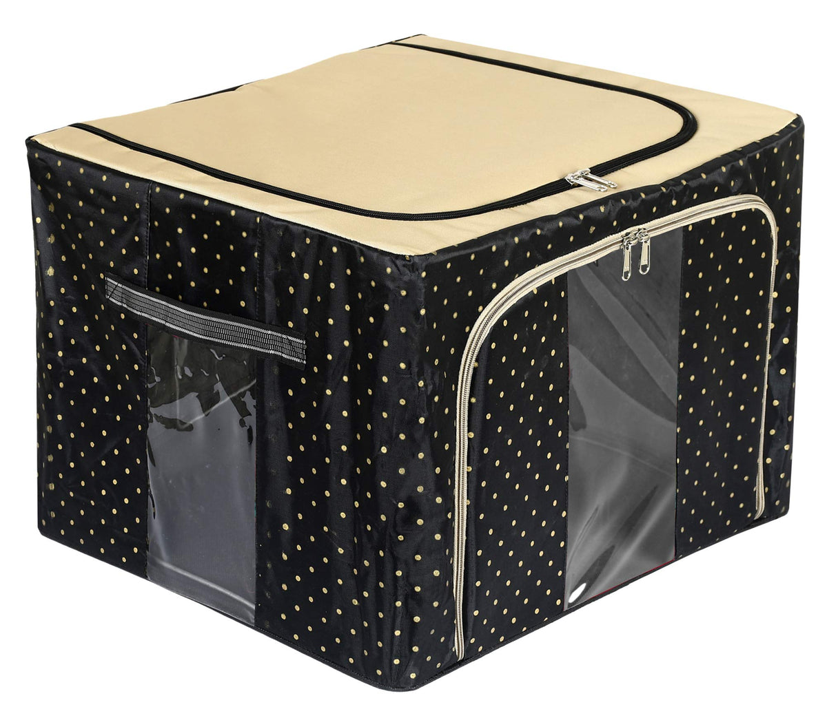 Heart Home Dot Printed Steel Frame Living Box, Closet Organizer, Cloth Storage Boxes for Wardrobe With Clear Window, 44Ltr. (Black & Grey)-44HH0238