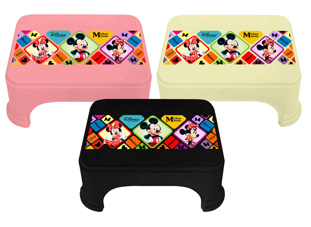 Kuber Industries Disney Mickey Minnie Print Square Plastic Bathroom Stool (Set of 3, Pink & Cream & Black) -HS_35_KUBMARTS17745