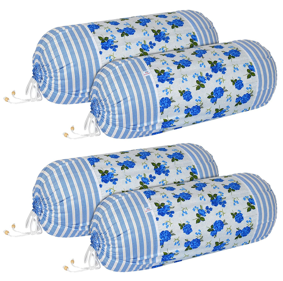 Heart Home Set of 4 Flower Design Soft & Smooth Cotton Bolster Cover 16 x 30 inch (Blue)