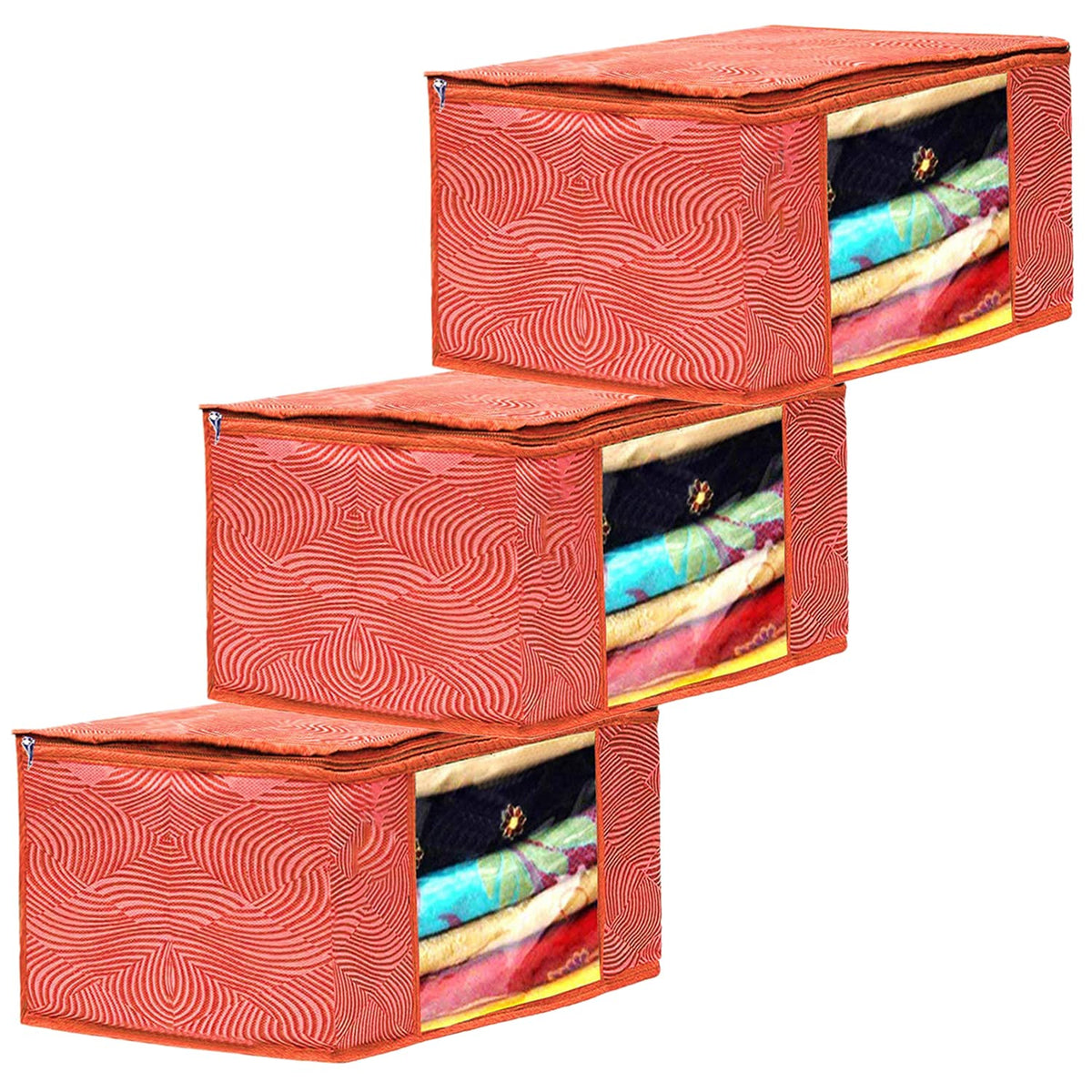 Kuber Industries Lahariya Design Non-woven Foldable Saree Cover/Clothes Storage Bag/Wardrobe Organizer With Transparent Window- Pack of 3 (Orange)-44KM0377