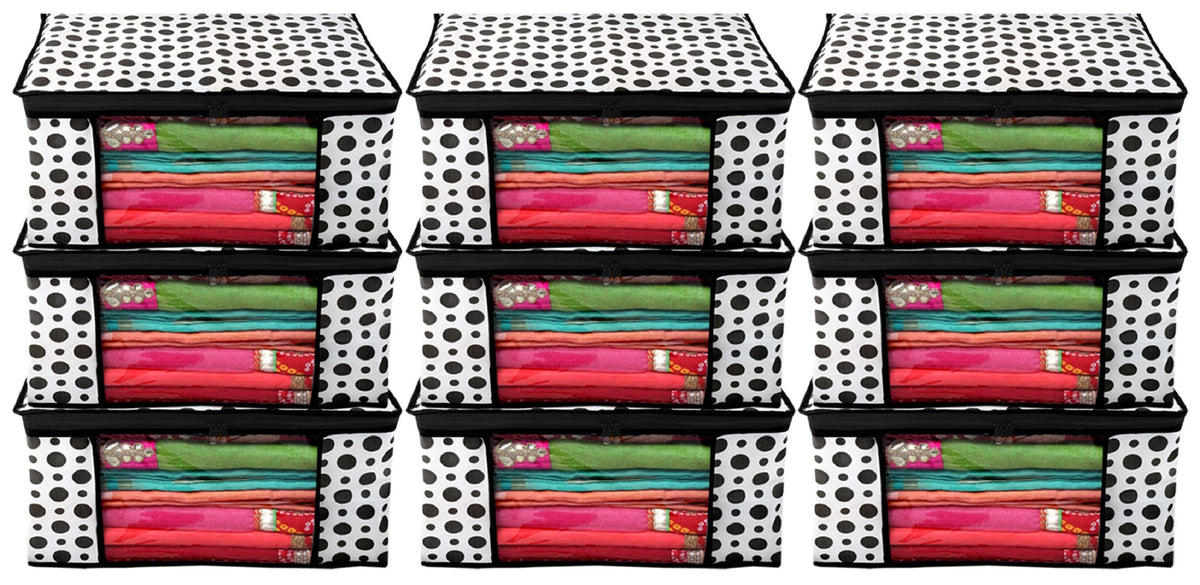 Kuber Industries Polka Dots Design 9 Piece Non Woven Fabric Saree Cover/Clothes Organiser for Wardrobe Set with Transparent Window, Extra Large,(Black & White) -CTLTC38091