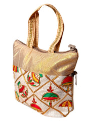Kuber Industries Embroidery Small Hand Bag, Tote Bag, Purse For Daily Trips, Travel, Office & All Occasions For Women & Girls (Gold)-HS_38_KUBMART21477