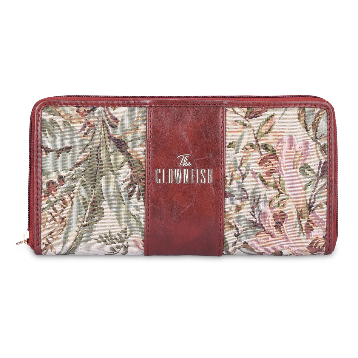 The Clownfish Aria Collection Tapestry Fabric & Faux Leather Zip Around Style Womens Wallet Clutch Ladies Purse with Card Holders (Beige)
