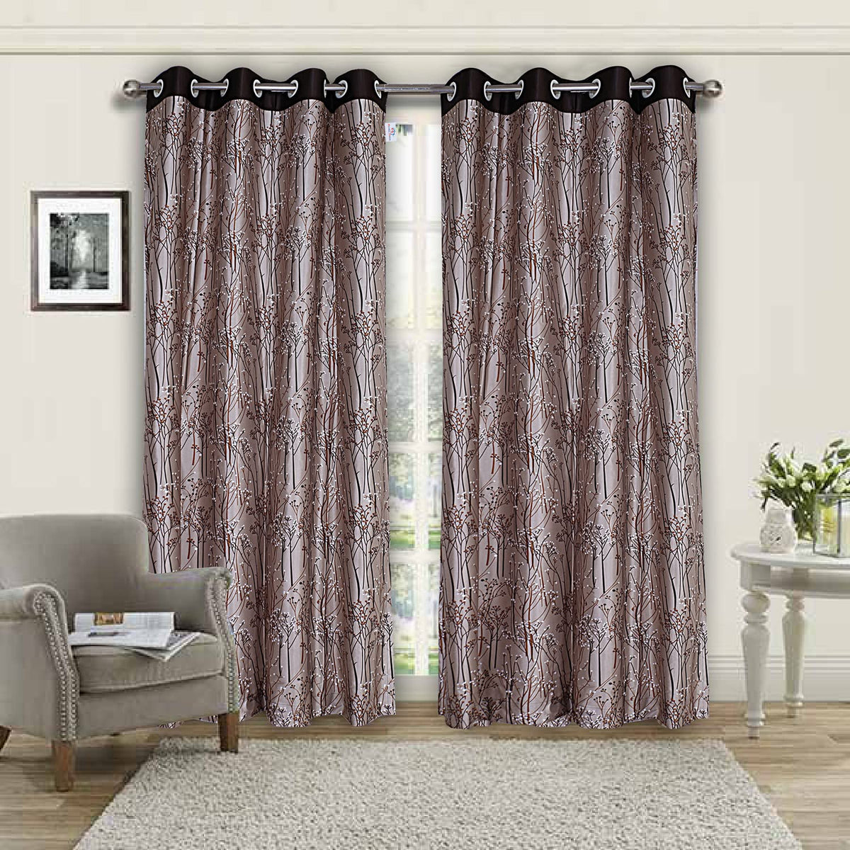 Heart Home Polyester Decorative 7 Feet Door Curtain|Tree Branches Print Blackout Drapes Curatin with 8 Eyelet for Home & Office, Pack of 2 (Coffee)