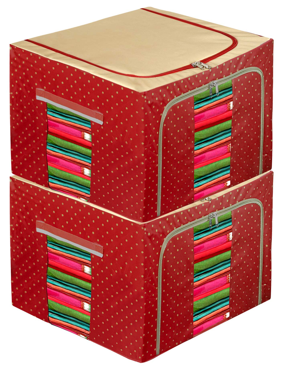 Heart Home Dot Printed Steel Frame Storage Box/Organizer For Clothing, Blankets, Bedding With Clear Window, 24Ltr.- Pack of 2 (Maroon & Brown)-44HH0227