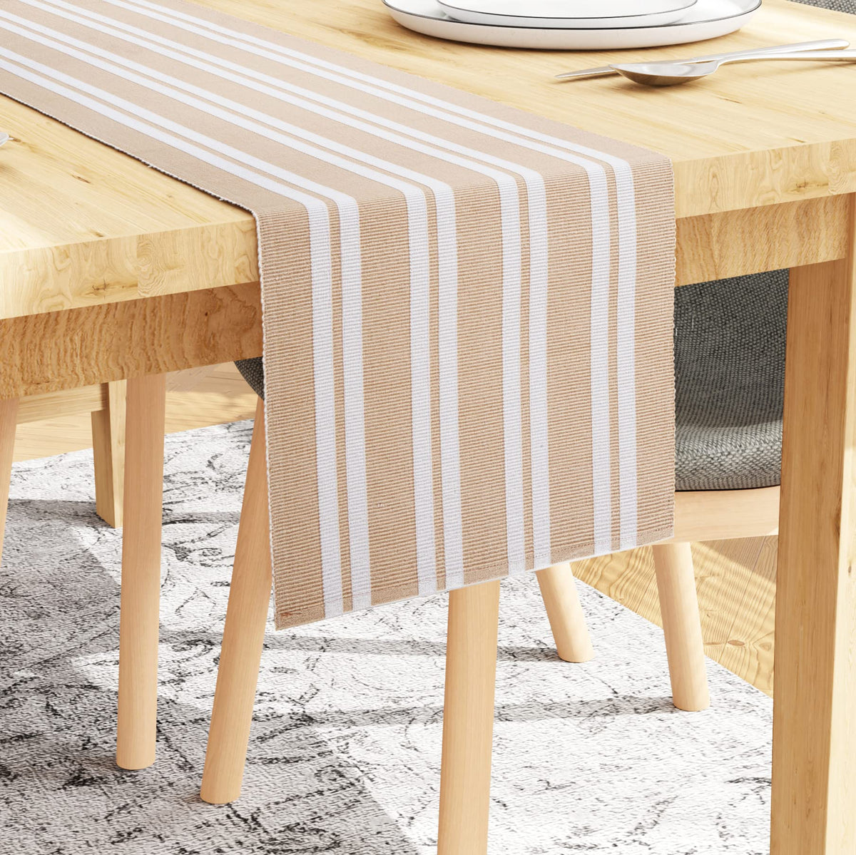 Encasa Homes Table Runner for 6 Seater Dining - Franca Beige Stripes | Fine Ribbed Cotton | Size 32x200 cm | Decorative Cloth for Home, Cafes, Restaurants & Hotels - Machine Washable