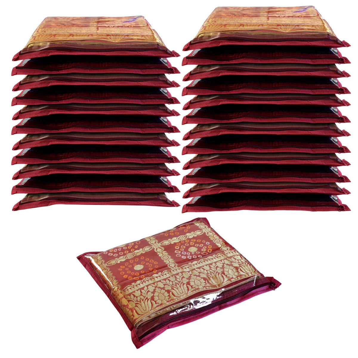 Kuber Industries Single Saree Covers With Zip|Saree Packing Covers For Wedding|Saree Cover Set Of 24 (Maroon)