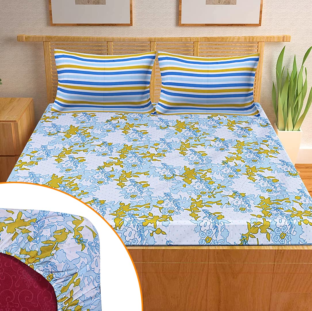 Homestic Micro 130 GSM Double Bedsheet with 2 Pillow Cover (Blue & Yellow)