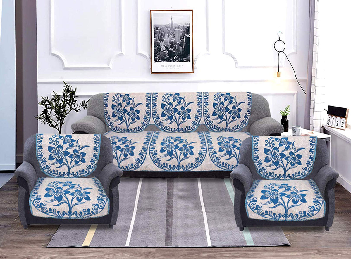 Kuber Industries Flower Print 6 Piece Velvet 5 Seater Sofa Cover Use Both Side, Living Room, Drawing Room, Bedroom, Guest Room - Blue-KUBMART011153