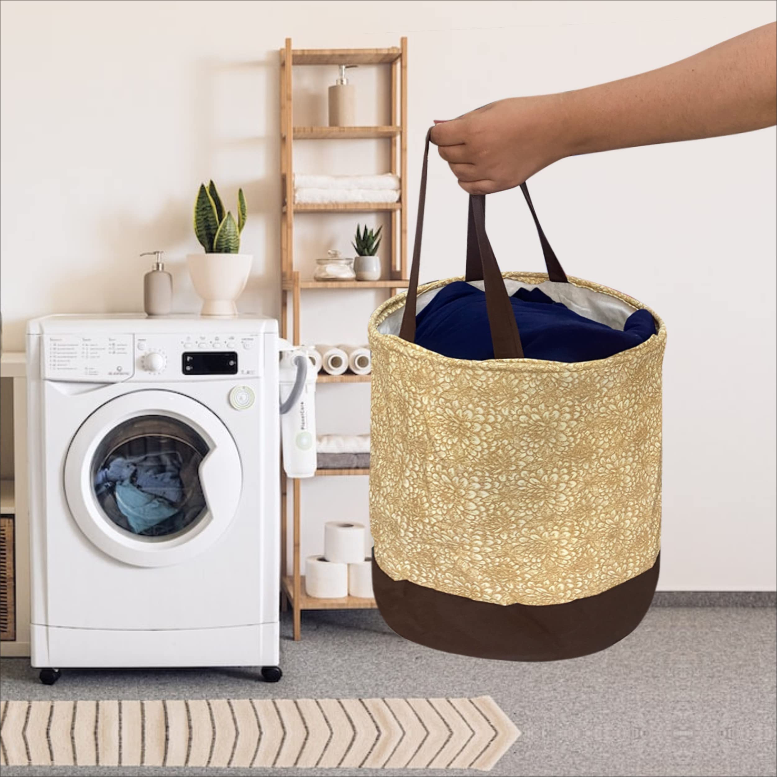 Homestic Canvas Waterproof Round Laundry Basket For clothes|Foldable Toy Storage Organizer|Reinforced Handle With Sturdy Base|BROWN|