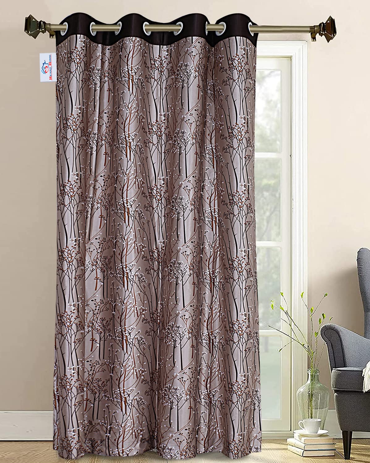 Heart Home Polyester Decorative 7 Feet Door Curtain|Tree Branches Print Blackout Drapes Curatin with 8 Eyelet for Home & Office (Coffee)