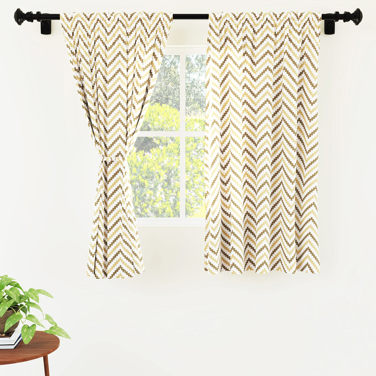 Encasa Homes Printed + Solid Window Curtains with Tie Back (5 ft, Yellow Trellis Combo) Pack of 3