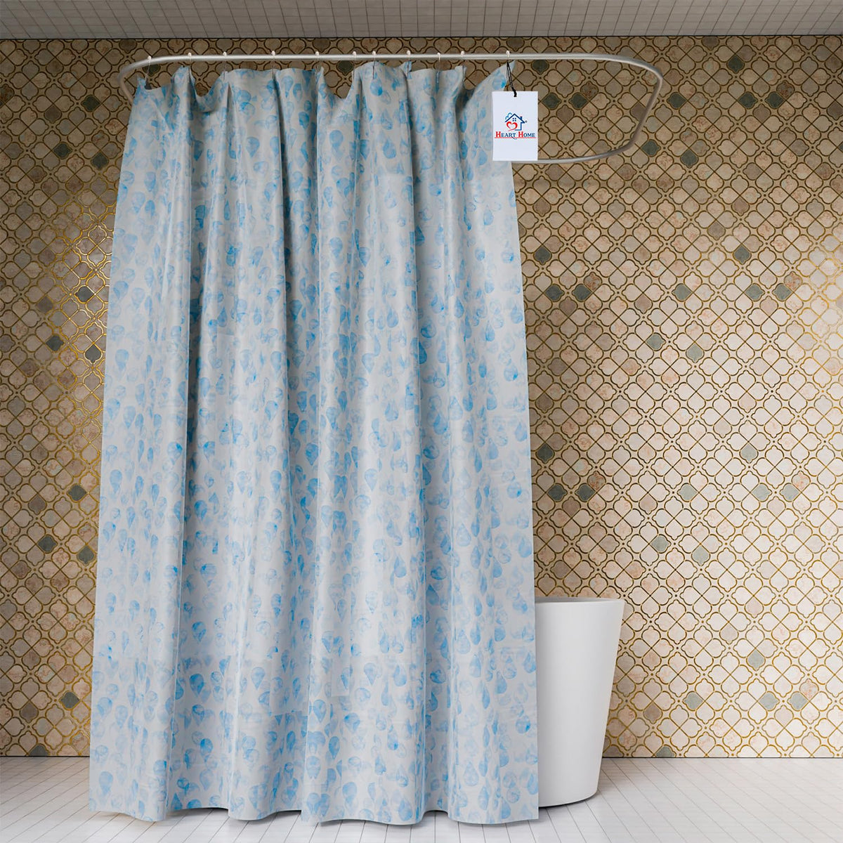 Heart Home Shower Curtain | Water Drop Design PEVA Curtain for Bathroom | Shower Curtain for Bathroom | Bathroom Shower Curtain with Hooks | 6 Feet | Blue