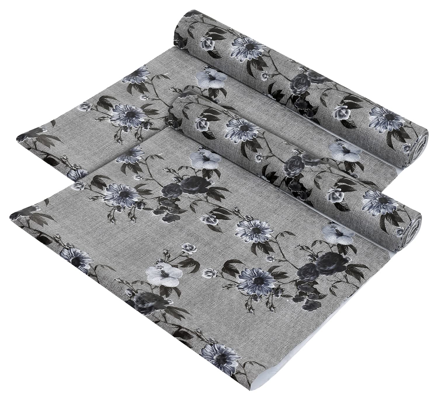 Heart Home Flower Printed PVC Anti Slip Skid Shelf Mat, 5 Mtr- Pack of 2 (Grey)