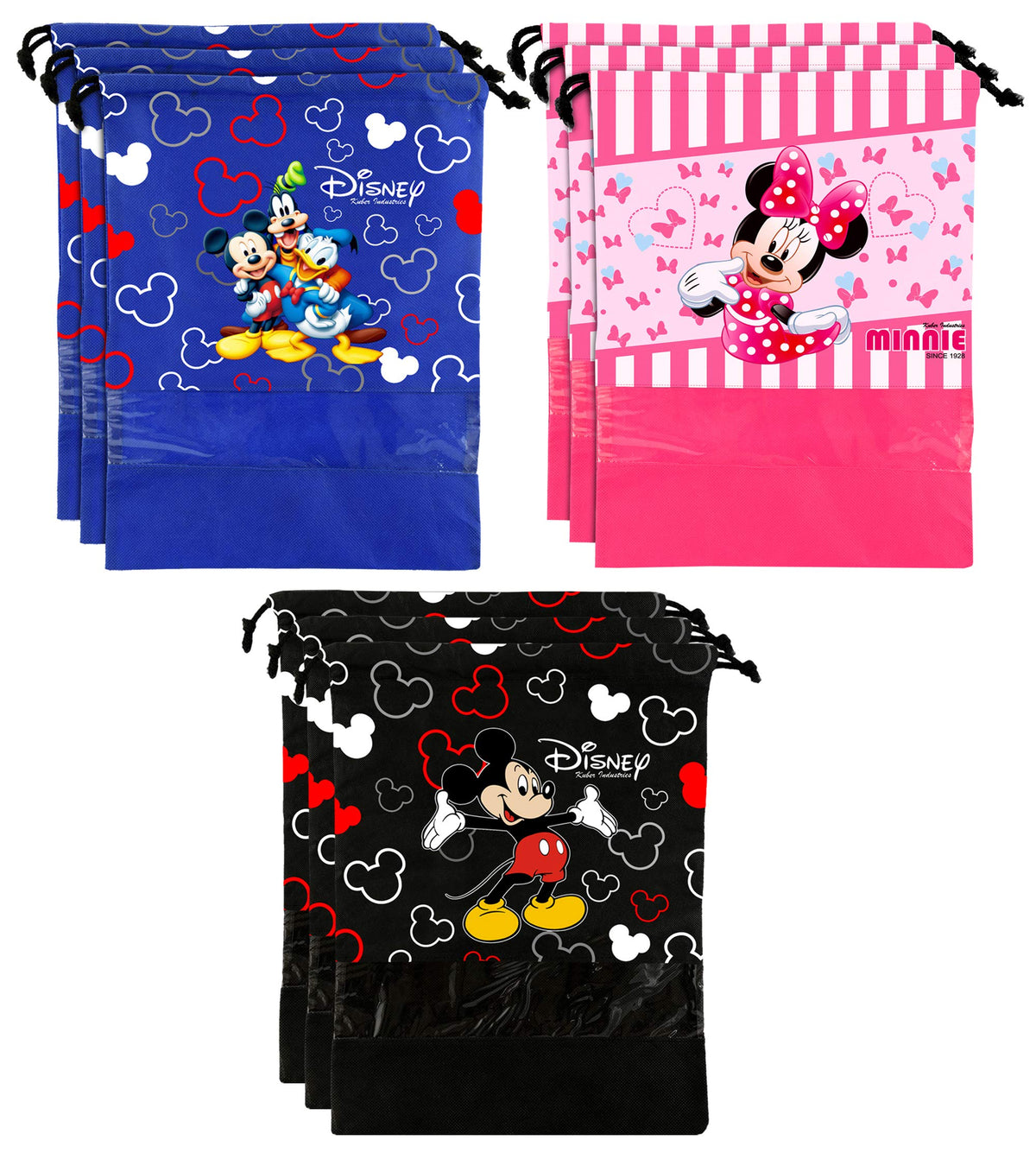 Kuber Industries Disney Print 9 Piece Non Woven Travel Shoe Cover, String Bag Organizer (Black & Royal Blue & Pink) -HS_35_LUGGAGE18035