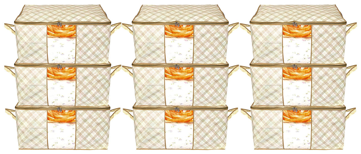 Kuber Industries Metalic Checkered Print Foldable Clothes Storage Bag Wardrobe Organizer Non Woven Fabric for Comforters,Blankets,Bedding with Sturdy Zipper,Clear Window (Set of 9,Ivory)-KUBMART16594